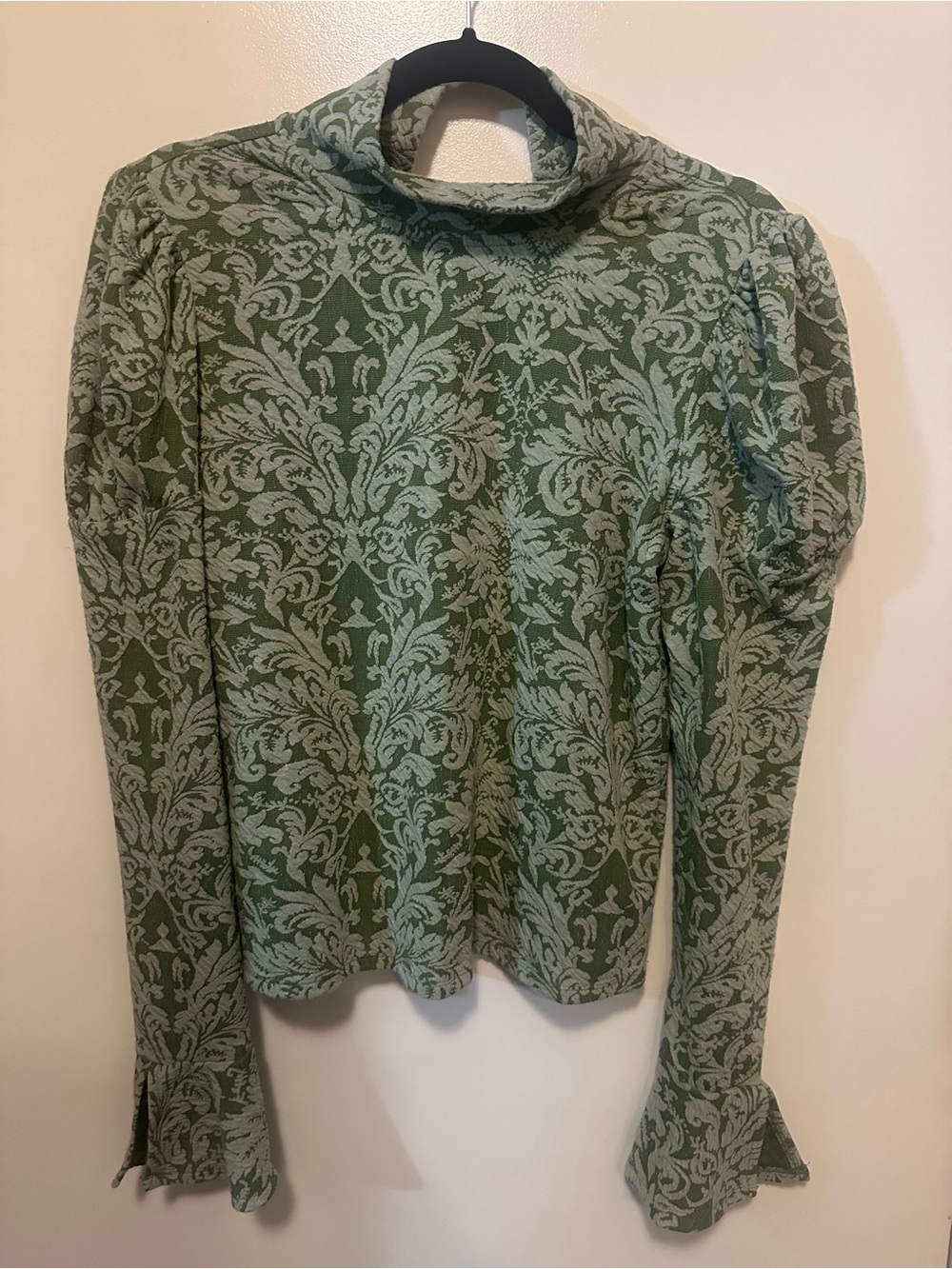 Anthropologie Puff Sleeve Turtleneck Jacquard Top Green Damask Floral